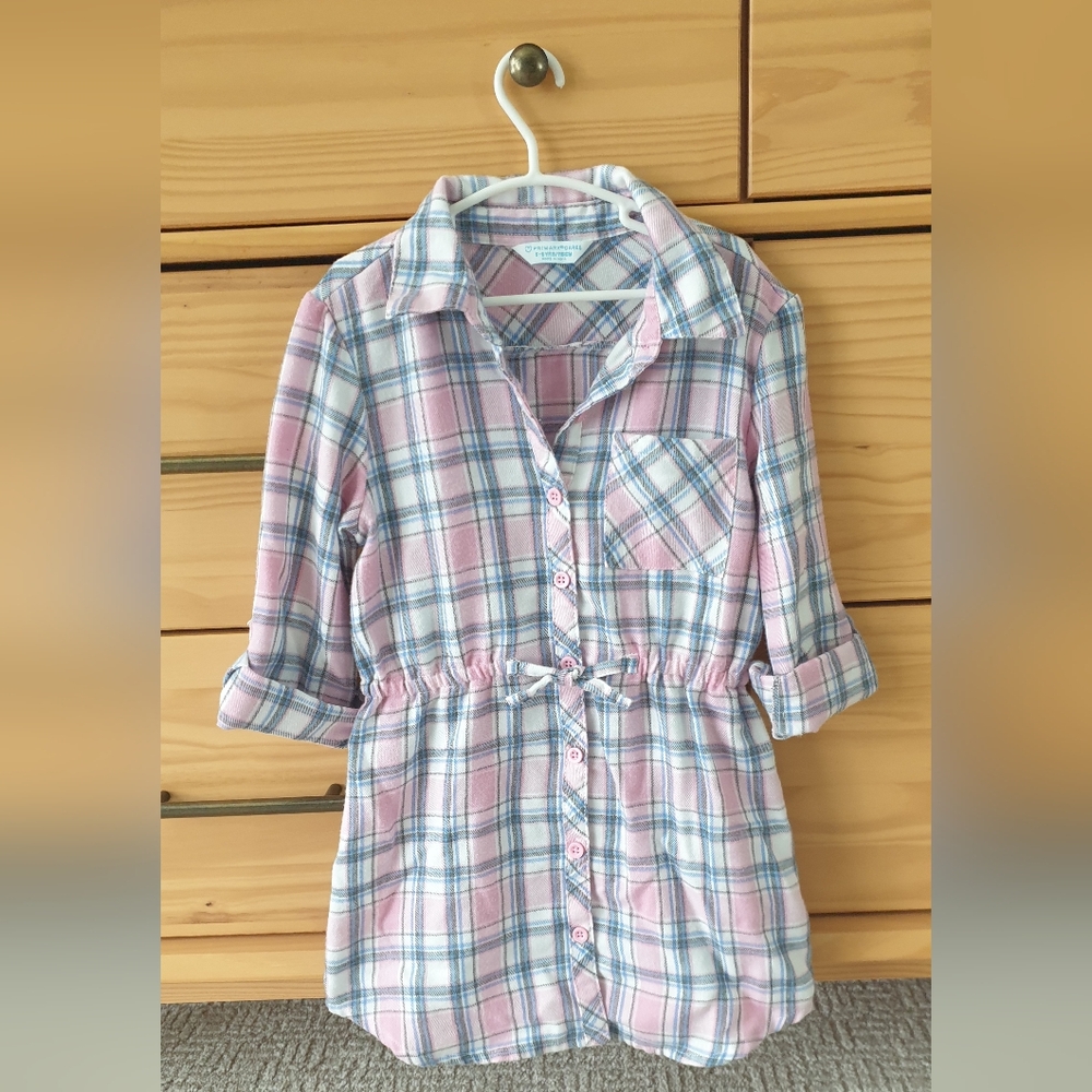Primark Girl Pink and Blue Plaid Button-Up Long  Shirt Tunic Dress Size 5T To 6T